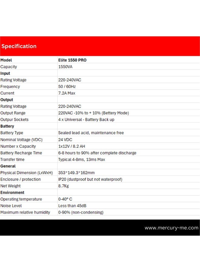 MERCURY ELITE 1500 PRO, 1500VA/900W, OFFLINE, 4X UNIVERSAL SOCKET, 2X 8.2AH BATTERY - Image 5